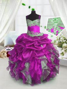 Fuchsia Ball Gowns Spaghetti Straps Sleeveless Organza Floor Length Lace Up Beading and Ruffles and Pick Ups Glitz Pageant Dress