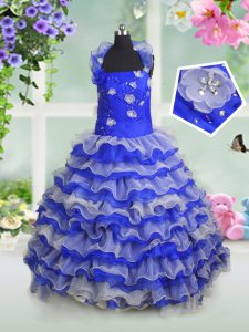 Stunning Royal Blue Sleeveless Beading and Appliques and Ruffled Layers Floor Length Pageant Dress Wholesale