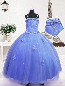 Ball Gowns Pageant Dress Wholesale Blue Spaghetti Straps Tulle Sleeveless Floor Length Zipper