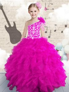 Hot Pink Pageant Dress for Teens Party and Wedding Party and For with Embroidery and Ruffles and Hand Made Flower One Shoulder Sleeveless Lace Up