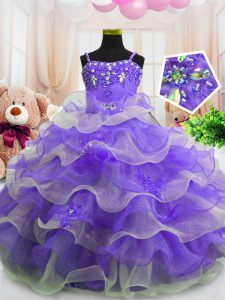 High Class Eggplant Purple Zipper Child Pageant Dress Beading and Ruffled Layers Sleeveless Floor Length