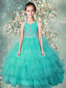 Halter Top Floor Length Turquoise Pageant Dress for Girls Organza Sleeveless Beading and Ruffled Layers