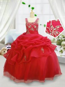 Customized Coral Red Lace Up Pageant Dresses Beading and Pick Ups Sleeveless Floor Length