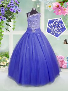 Blue Tulle Side Zipper Asymmetric Sleeveless Floor Length Little Girls Pageant Dress Beading