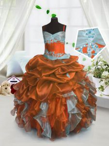 Charming Floor Length Lace Up Pageant Dress for Teens Rust Red for Party and Wedding Party with Beading and Ruffles and Pick Ups
