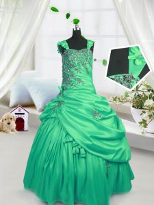Top Selling Green Satin Lace Up Pageant Dress for Teens Sleeveless Floor Length Beading and Pick Ups