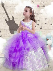 Exquisite Scoop Sleeveless Little Girls Pageant Gowns Floor Length Beading and Ruffled Layers Eggplant Purple Organza