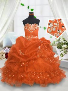 Orange Organza Lace Up Custom Made Pageant Dress Sleeveless Floor Length Beading and Ruffled Layers and Pick Ups