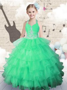 Halter Top Organza Sleeveless Floor Length Kids Formal Wear and Beading and Ruffled Layers