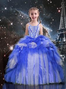 Super Blue Ball Gowns Organza Spaghetti Straps Sleeveless Beading and Ruffles Floor Length Lace Up Little Girls Pageant Gowns