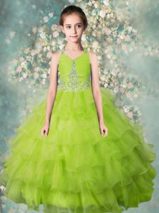 Ruffled Halter Top Sleeveless Zipper Little Girls Pageant Dress Wholesale Yellow Green Organza