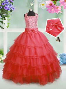 Nice Organza Sleeveless Floor Length High School Pageant Dress and Beading and Ruffles and Bowknot