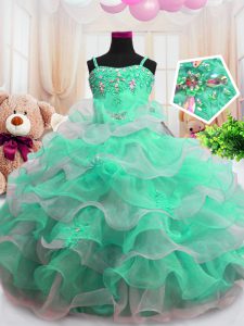 Floor Length Green Pageant Dress for Teens Organza Sleeveless Beading and Ruffled Layers