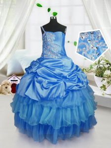 Custom Made Pick Ups Ruffled Ball Gowns Winning Pageant Gowns Baby Blue Strapless Organza Sleeveless Floor Length Lace Up