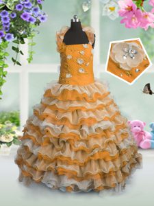Custom Made Ruffled Straps Sleeveless Lace Up Little Girls Pageant Dress Wholesale Orange Organza