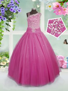 Custom Fit Floor Length Side Zipper Glitz Pageant Dress Rose Pink for Party and Wedding Party with Beading