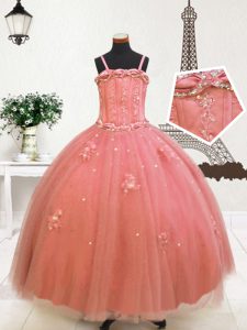 Tulle Sleeveless Floor Length High School Pageant Dress and Beading and Appliques