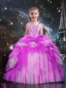 One Shoulder Fuchsia Sleeveless Floor Length Beading and Ruffled Layers Lace Up Pageant Dress for Teens