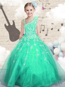 Asymmetric Sleeveless Little Girls Pageant Dress Floor Length Appliques Apple Green Tulle