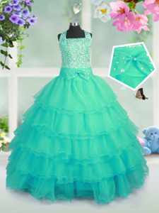 Customized Sleeveless Lace Up Floor Length Beading and Ruffled Layers Little Girls Pageant Gowns