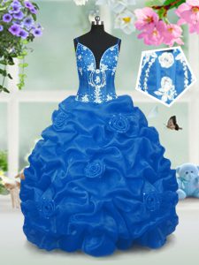 Pick Ups V-neck Sleeveless Lace Up Pageant Dress for Womens Aqua Blue Taffeta