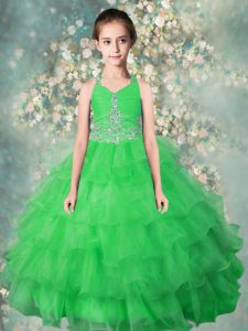 Dazzling Halter Top Green Organza Zipper Little Girl Pageant Gowns Sleeveless Floor Length Beading and Ruffled Layers