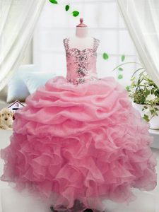 Classical Organza Square Sleeveless Zipper Beading and Ruffles and Pick Ups Pageant Dresses in Watermelon Red