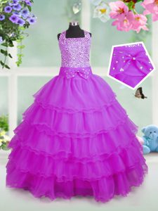Rose Pink Sleeveless Floor Length Beading and Ruffled Layers Zipper Child Pageant Dress