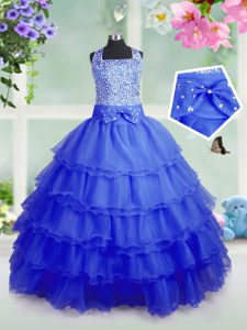Beautiful Royal Blue Ball Gowns Square Sleeveless Organza Floor Length Zipper Beading and Ruffled Layers Pageant Dresses