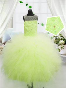 Admirable Yellow Green Zipper Scoop Beading and Appliques Child Pageant Dress Tulle Sleeveless