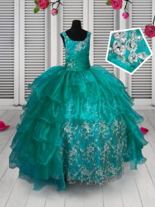 Best Ruffled Straps Sleeveless Lace Up Custom Made Pageant Dress Turquoise Organza