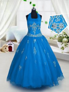 Pretty Halter Top Aqua Blue Sleeveless Floor Length Appliques Lace Up Pageant Dress