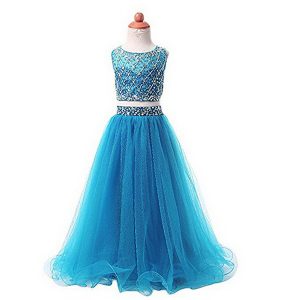 Scoop Aqua Blue Zipper Pageant Dress Womens Beading Sleeveless Floor Length