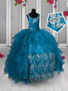Custom Design Ruffled Floor Length Aqua Blue Winning Pageant Gowns Straps Sleeveless Lace Up