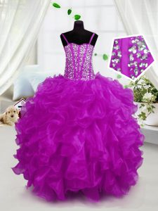 Dramatic Hot Pink Spaghetti Straps Lace Up Beading and Ruffles Pageant Dress Sleeveless