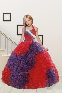 Halter Top Red and Purple Sleeveless Beading and Ruffles Floor Length Custom Made Pageant Dress
