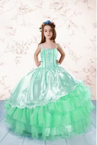 Apple Green Sleeveless Floor Length Embroidery and Ruffled Layers Lace Up Pageant Dress Wholesale