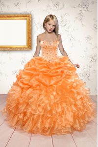 Attractive Orange Lace Up Girls Pageant Dresses Beading and Ruffles and Pick Ups Sleeveless Floor Length