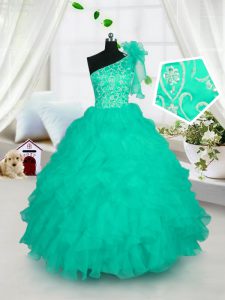 One Shoulder Turquoise Organza Lace Up Pageant Dress for Teens Sleeveless Floor Length Embroidery and Ruffles
