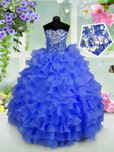 Sleeveless Floor Length Ruffled Layers and Sequins Lace Up Glitz Pageant Dress with Royal Blue
