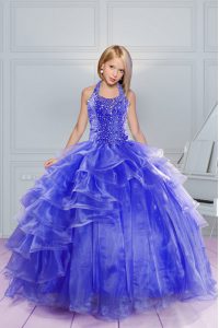 Blue Kids Formal Wear Party and Wedding Party and For with Beading and Ruffles Halter Top Sleeveless Lace Up