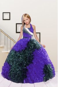 Ball Gowns Pageant Dress Dark Green and Eggplant Purple Halter Top Fabric With Rolling Flowers Sleeveless Floor Length Lace Up