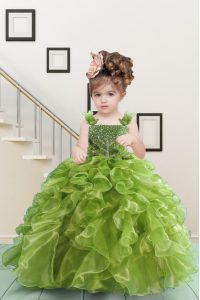 Attractive Olive Green Organza Lace Up Straps Sleeveless Floor Length Pageant Dress for Womens Beading and Ruffles