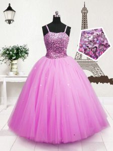 Floor Length Hot Pink Pageant Gowns For Girls Tulle Sleeveless Beading and Sequins