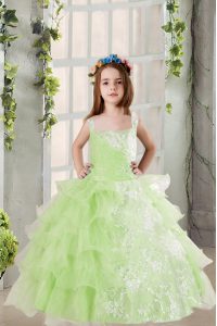 Yellow Green Pageant Dress Wholesale Party and Wedding Party and For with Lace and Ruffled Layers Square Sleeveless Lace Up