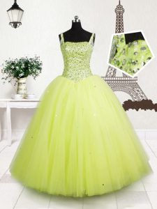 Yellow Green Sleeveless Floor Length Beading and Sequins Lace Up Pageant Dress for Teens