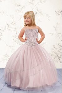 Trendy Strapless Sleeveless Pageant Dress for Girls Floor Length Beading Baby Pink Tulle