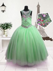 Scoop Floor Length Apple Green High School Pageant Dress Organza Sleeveless Beading