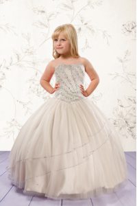 Superior Tulle Sleeveless Floor Length Kids Pageant Dress and Beading