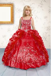 Red Sleeveless Floor Length Beading and Appliques and Pick Ups Lace Up Pageant Gowns